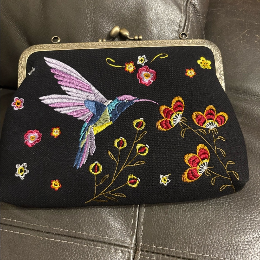 Embroidered Hummingbird Black Crossbody Bag